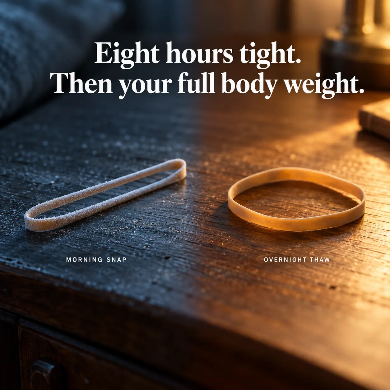 Eight hours tight then your full body weight — rubber bands illustrating overnight contraction versus morning release