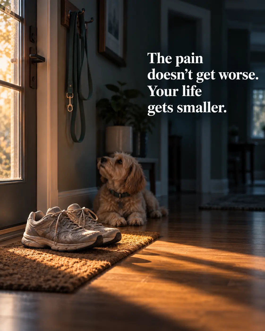 The pain doesn't get worse — your life gets smaller. Running shoes, a leash, and a dog waiting by the door.
