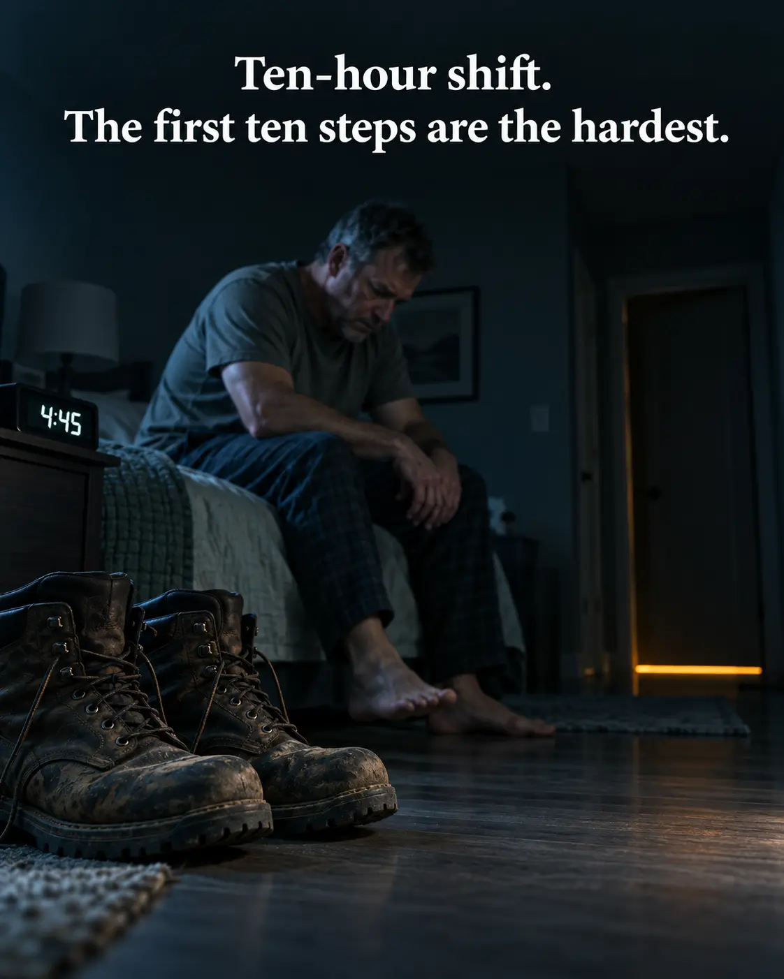 Ten-hour shift — the first ten steps are the hardest. Man with work boots at 4:45 AM.