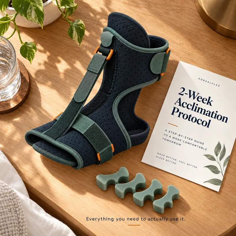 Everything you need to actually use it — DorsalFlex splint, 2-Week Acclimation Protocol, and toe spacers
