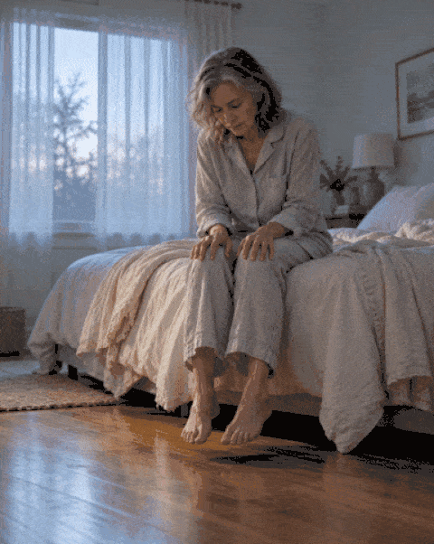 Every morning — sitting on the edge of the bed before the first step